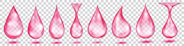 Set di gocce d'acqua traslucide nei colori rossi in varie forme, isolate su sfondo trasparente. Trasparenza solo in formato vettoriale