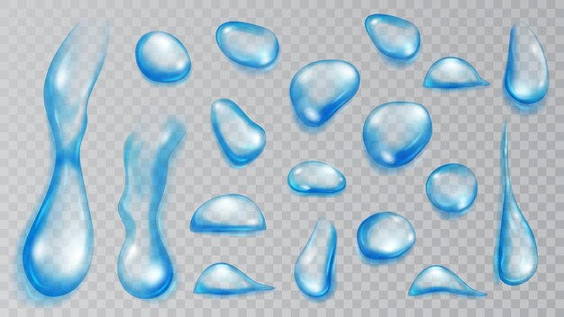 Set di gocce d'acqua traslucide realistiche in colori azzurri di varie forme e dimensioni isolate su sfondo trasparente Trasparenza solo in formato vettoriale