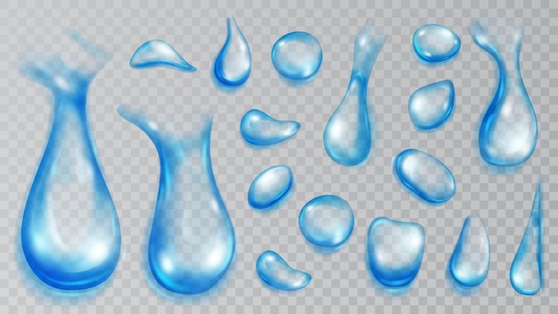 Set di gocce d'acqua traslucide realistiche in colori azzurri di varie forme e dimensioni isolate su sfondo trasparente