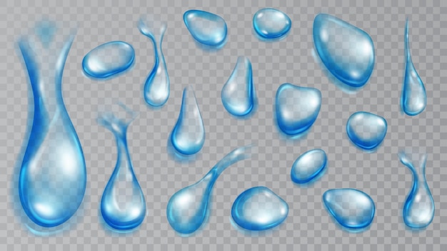 Set di gocce d'acqua traslucide realistiche in colori azzurri di varie forme e dimensioni