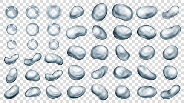 Set di gocce d'acqua traslucide realistiche in colori grigi in varie forme isolate su sfondo trasparente Trasparenza solo in formato vettoriale
