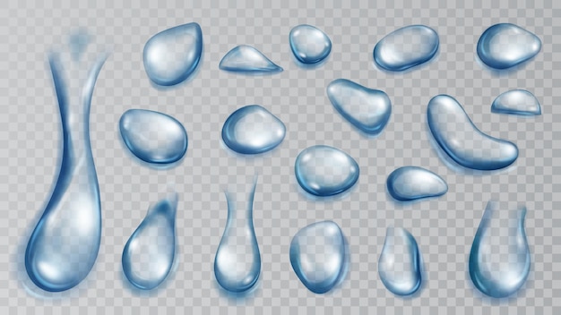 Set di gocce d'acqua traslucide realistiche nei colori blu di varie forme e dimensioni