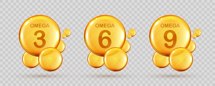 Vettore set di gocce d'oro di omega tre sei e nove acidi grassi polinsaturi omega3 omega6 omega9 olio di pesce naturale nutrienti vitaminici organici acidi grassi omega capsule realistiche vettoriali
