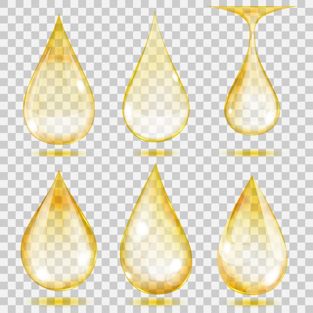 Set di gocce trasparenti nei colori gialli. Trasparenza solo in formato vettoriale. Può essere utilizzato con qualsiasi sfondo