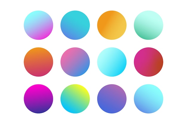 Set di gradienti circolari, pulsanti a sfera. Multicolore. Pulsanti rotondi luminosi morbidi colorati