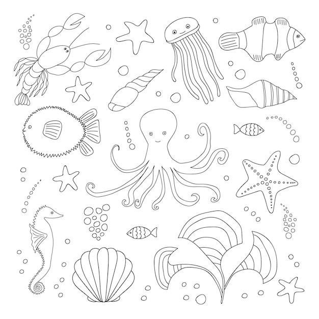 Set di grandi animali marini Pagina da colorare della vita marina vettoriale con pesce palla polpo medusa pesce pagliaccio