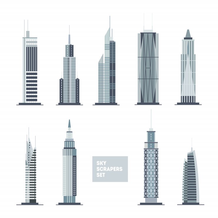 Vettore set di grattacieli. elementi di design della città. collezione di architettura piatta.