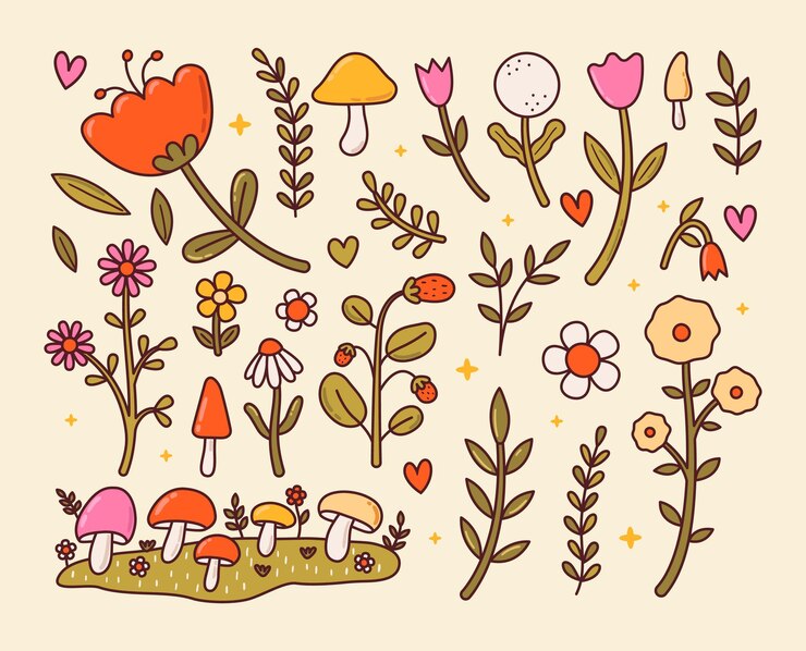 Vettore set di graziosi fiori cottagecore rami di funghi elementi da giardino fatato disegnati a mano