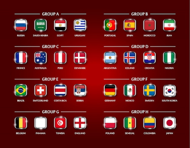 Set di gruppi di calcio o di calcio. Vetro quadrato coperto di bandiera nazionale