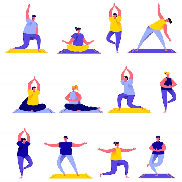 Set di gruppo di persone piatte facendo esercizi di yoga personaggi