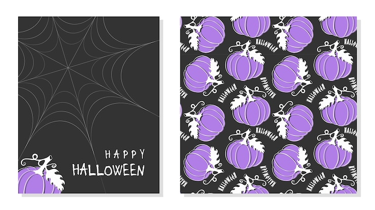 Vettore set di halloween cartellone di halloween felice con zucca disegnata a mano e modello su sfondo grigio scuro