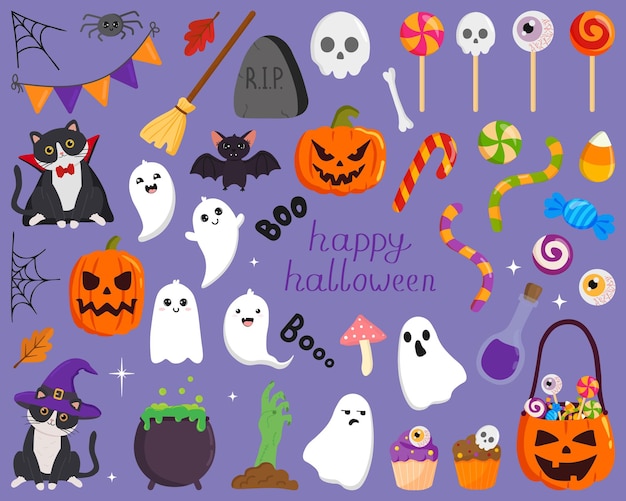 Set di Halloween isolato su sfondo blu Perfetto per adesivi decorativi per le vacanze Collezione vettoriale di elementi a tema Halloween