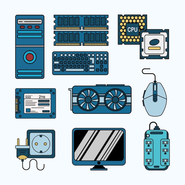Set di hardware per computer Illustrazione semplice a linea piatta