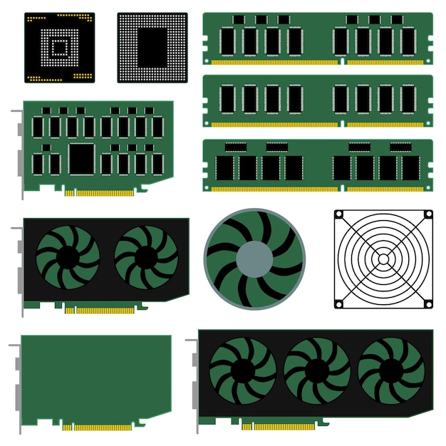 Set di hardware per PC e parti di computer isolate su sfondo bianco CPU video scheda grafica RAM Clipart