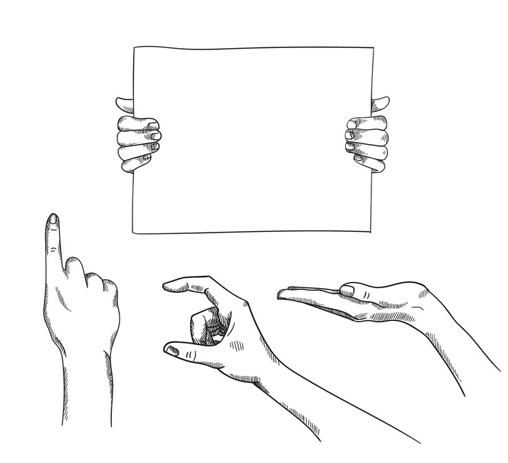 Vettore set di holding disegnati a mano, indicando le mani illustrazione. isolato su sfondo bianco. utilizzare per pubblicità, presentazione di prodotti, banner