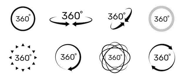 Set di icone a 360 gradi Simbolo con freccia per indicare la rotazione realtà virtuale o panorami