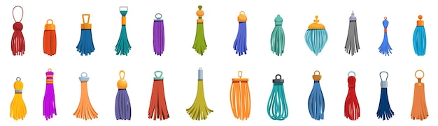 Set di icone a frange di tassel Set di tasselli colorati per la progettazione di moda che mostrano diverse forme e stili