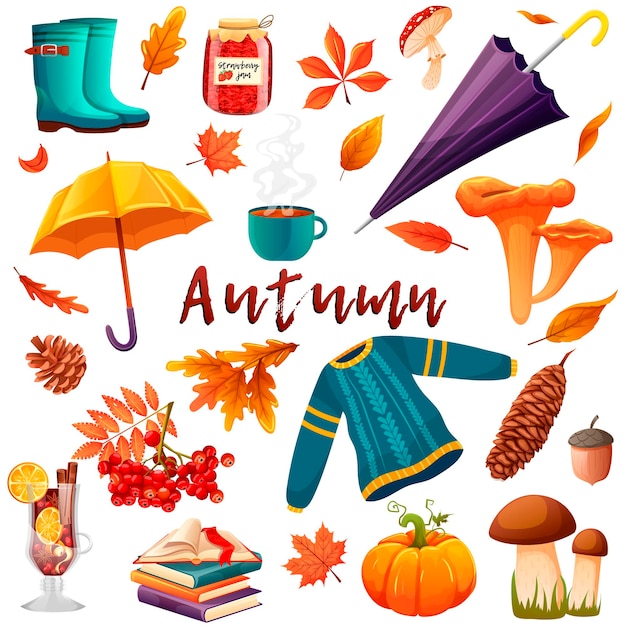 Set di icone autunnali maglione stivali di gomma marmellata di fragole ombrello funghi ghianda zucca tè libri vin brulè cono foglie concetto di settembre vibes illustrazione grafica vettoriale