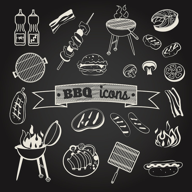 Vettore set di icone bbq sullo sfondo della lavagna