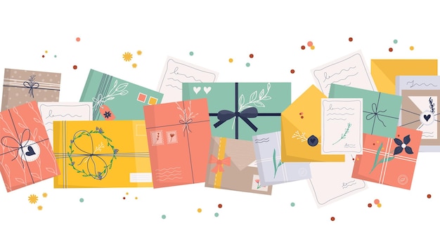 set di icone buste per lettera di consegna, servizio postale. regalo con lettera artigianale, nastro, rami