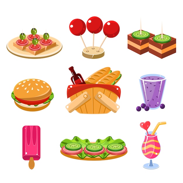 Set di icone cibo picnic francese