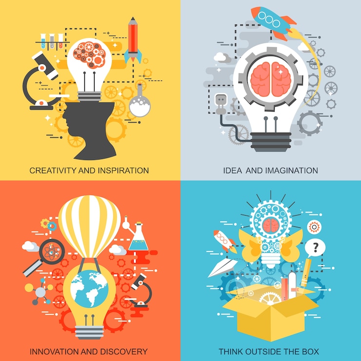 Vettore set di icone concettuali piane di creatività e ispirazione, idea e immaginazione.