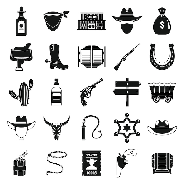 Set di icone da cowboy occidentale, stile semplice