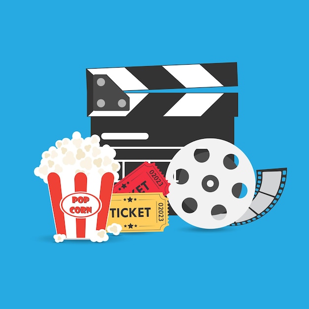 Set di icone del cinema Clapper board Biglietto Ammettere un popcorn Film reel film e video media