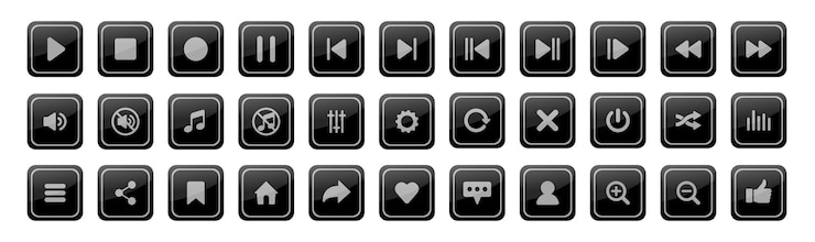Vettore set di icone del lettore multimediale bottoni di riproduzione e pausa segno simbolo del pulsante del lettore video audio