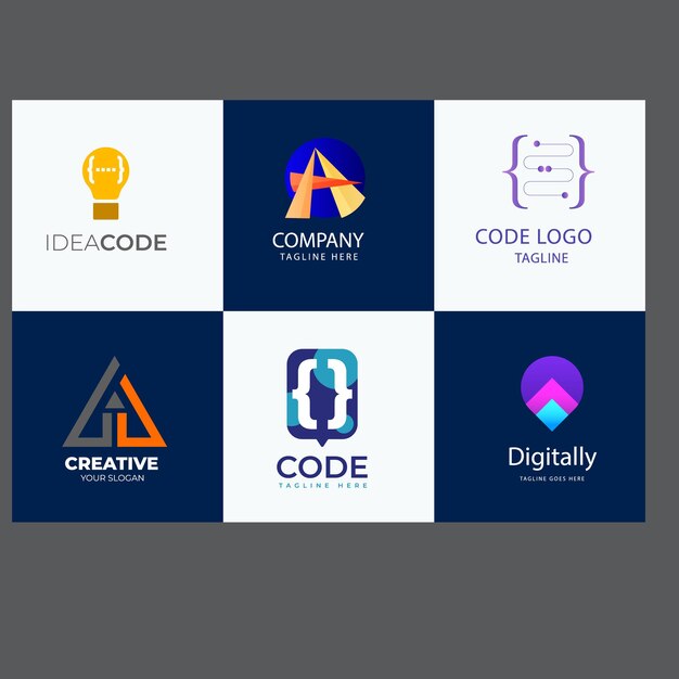 Set di icone del logo del codice tecnologico Modello di progettazione del logo del programmatore di circuiti astratti