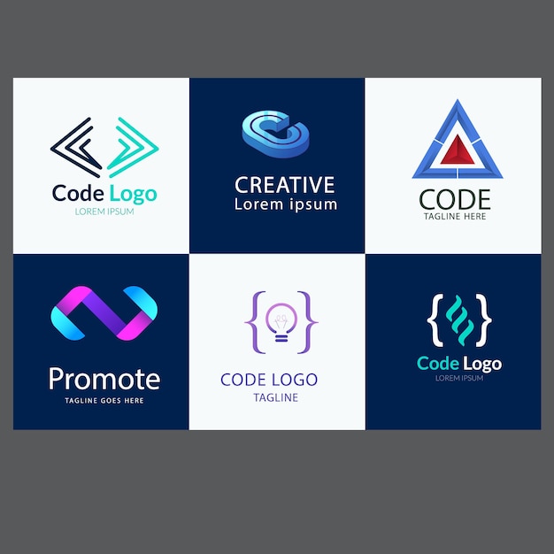 Set di icone del logo del codice tecnologico Modello di progettazione del logo del programmatore di circuiti astratti