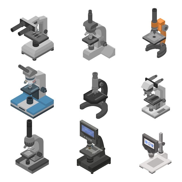 Set di icone del microscopio. Insieme isometrico delle icone di vettore del microscopio per web design isolato su priorità bassa bianca