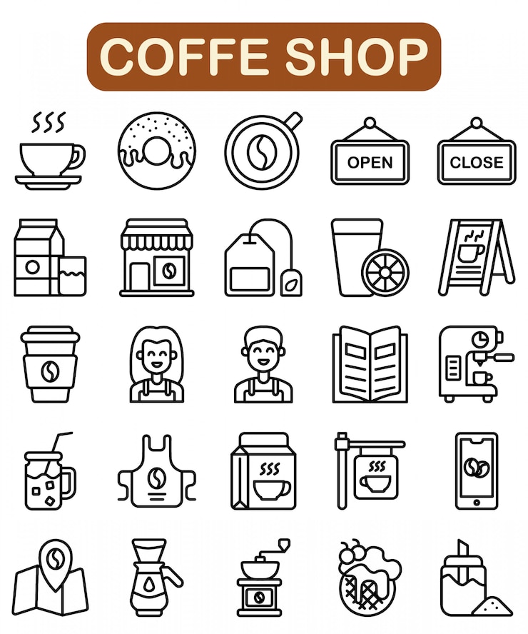 Set di icone del negozio di caffè, stile del contorno