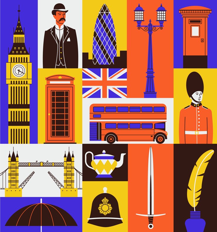 set di icone del Regno Unito. Big Ben, gentiluomo, cabina telefonica, bandiera, bus rosso, guardia, London Bridge, tè, spada, inchiostro.