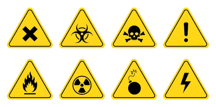 Vettore set di icone del segnale di avvertimento di pericolo segnale di avvertenza rischio biologico veleno tossico elemento simbolo triangolo giallo pericolo chimico teschio