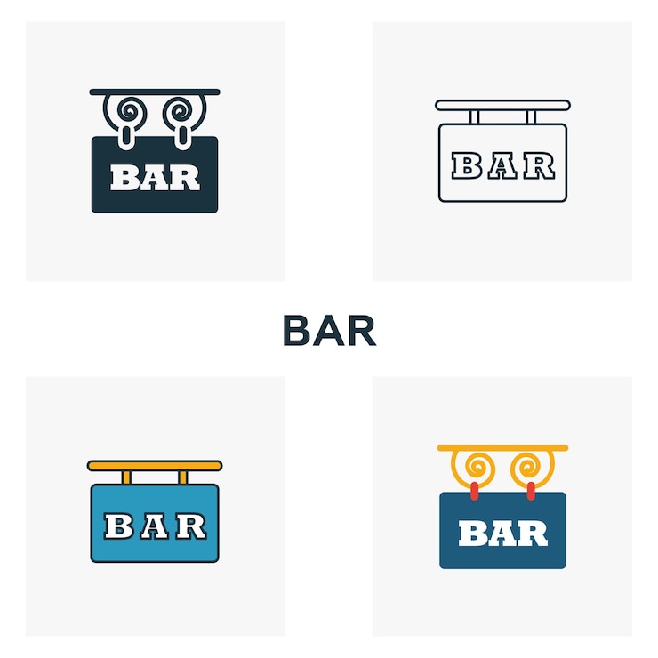 Vettore set di icone del segno della barra quattro elementi in stili diversi dalla collezione di icone del bar e del ristorante le icone del segno della barra creativa hanno riempito i contorni colorati e simboli piatti