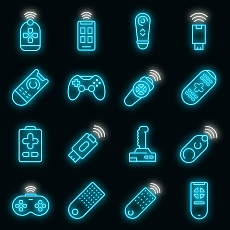 Vettore set di icone del telecomando. contorno set di icone vettoriali telecomando colore neon su nero