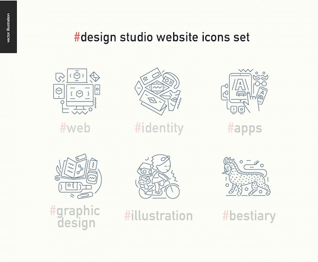 Set di icone delineato sito Web di design studio