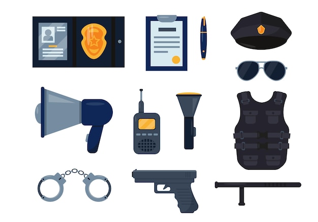 Set di icone dell'attrezzatura dell'ufficiale di polizia