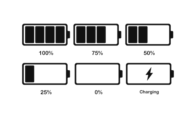 Set di icone della batteria Accumulatore di batteria elettrica silhouette nera Icone vettoriali