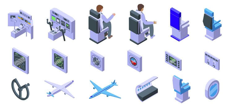 Vettore set di icone della cabina di pilotaggio dell'aereo vettore isometrico pannello di controllo dell'aeromobile