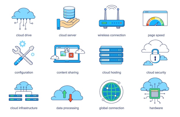 Set di icone della linea concettuale della tecnologia cloud Imballare i pittogrammi di contorno della connessione wireless del server di azionamento