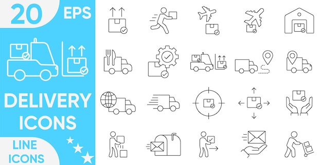 Set di icone della linea di consegna Contiene tracciamento dell'ordine consegna a domicilio magazzino scooter camion bicicletta scatola pacco corriere e altro set di vettori e illustratori