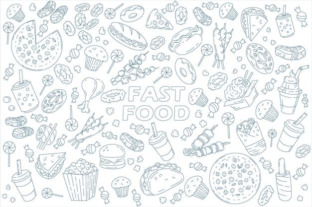 Set di icone della linea fast food scarabocchi sul menu bianco o sul design del pacchetto alimentare Illustrazione vettoriale Strocke modificabile