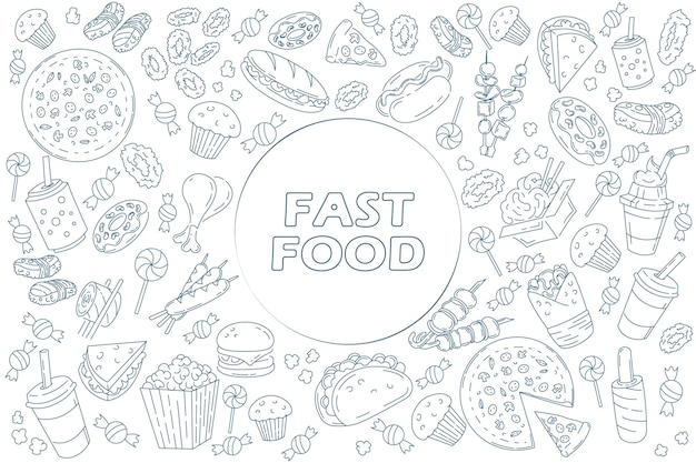Set di icone della linea fast food scarabocchi sul menu bianco o sul design del pacchetto alimentare Illustrazione vettoriale Strocke modificabile