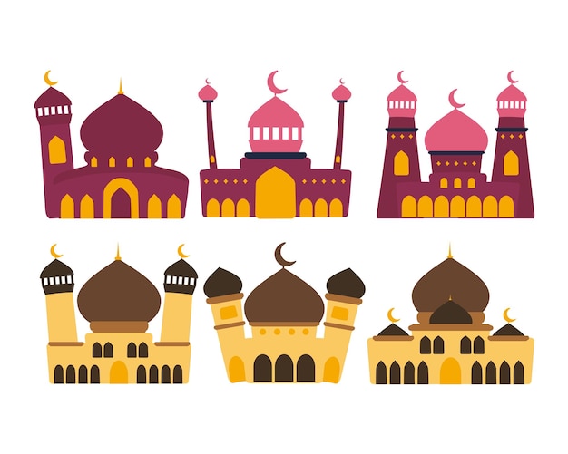 Set di icone della moschea Illustrazione piatta del set di icone delle moschee per il web design