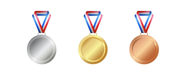 Set di icone delle medaglie Simboli del premio del campione Medaglie d'oro, d'argento e di bronzo con nastri a righe