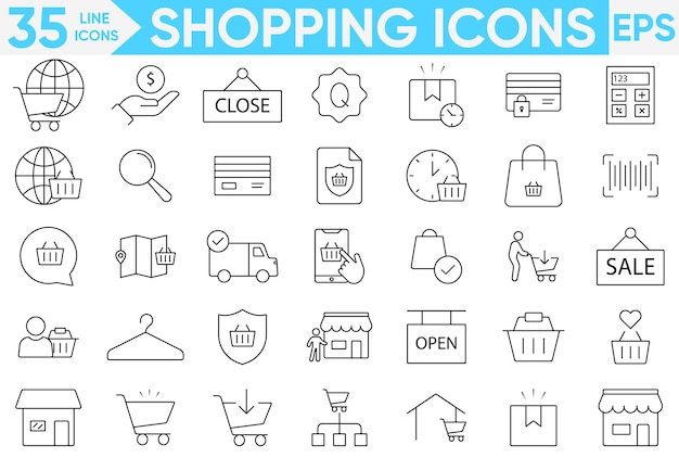Set di icone dello shopping vendita in negozio consegna promozione vendita pagamento raccolta lista di prodotti borsa di carta bancaria terminale regali carrello della spesa e altro set di vettori e illustratori