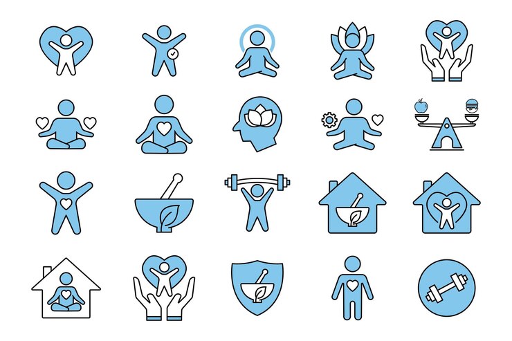 Set di icone di benessere Yoga fitness spirito meditazione rilassamento mentale gestione dello stress auto-cura Disegno di stile di icone a due toni Disegno vettoriale semplice modificabile
