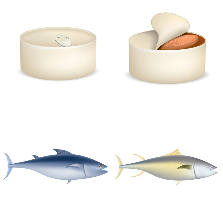 Vettore set di icone di bistecca di pesce tonno. un&#39;illustrazione realistica di 4 pesci del tonno inscatola le icone di vettore di bistecca per il web